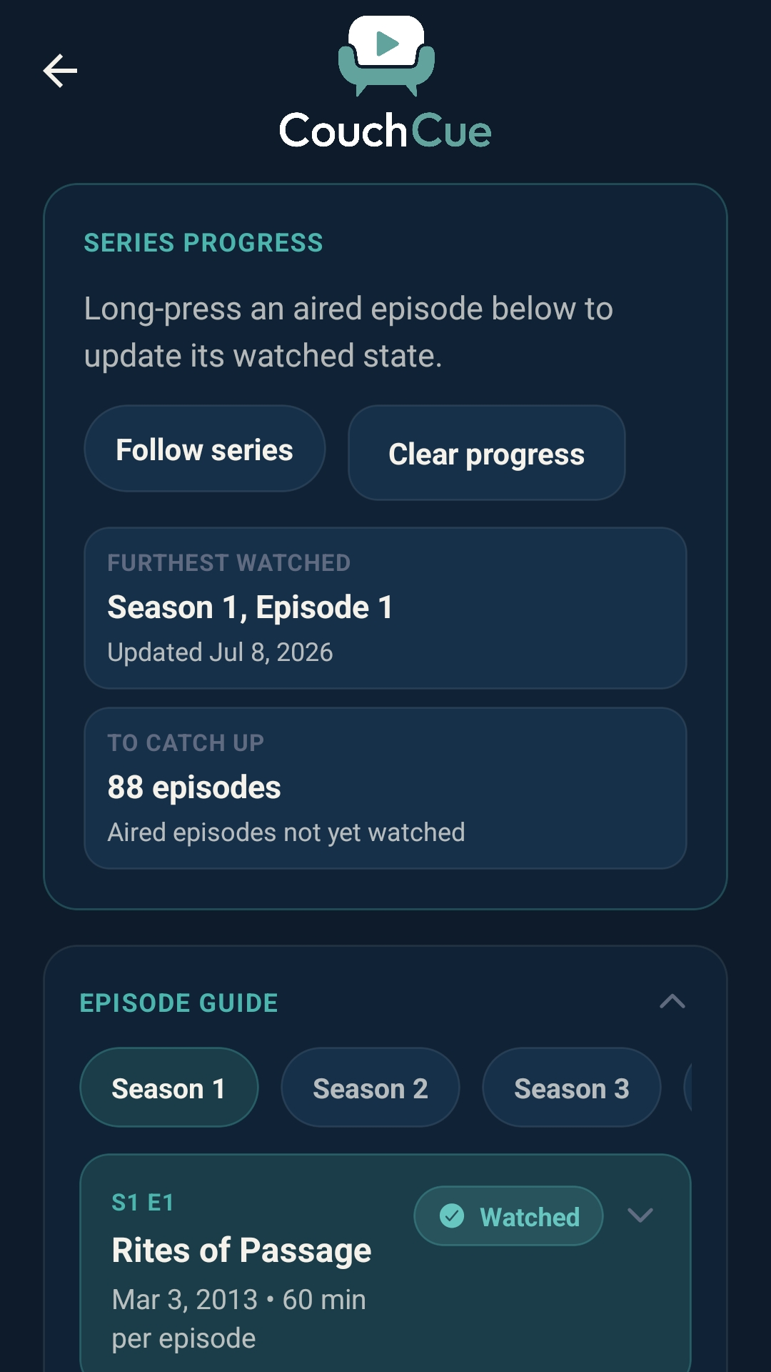 CouchCue profile and settings screen